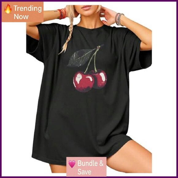 Women's Cherry Graphic Tee Baggy Fit Short Sleeve Crewneck Top - Picture 2 of 6